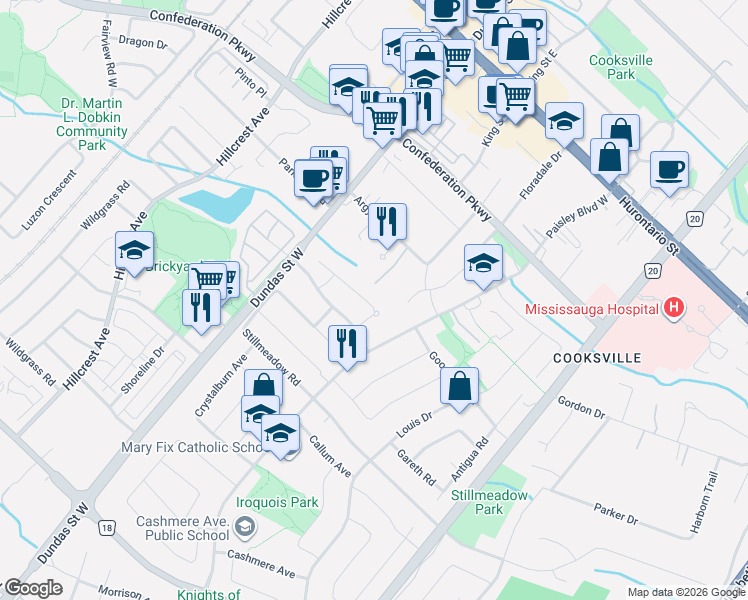 map of restaurants, bars, coffee shops, grocery stores, and more near 2535 Privet Crescent in Mississauga