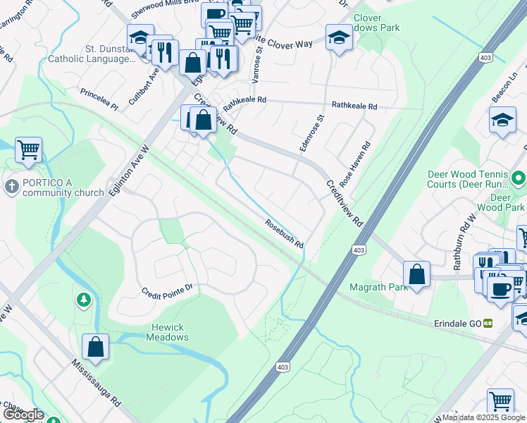 map of restaurants, bars, coffee shops, grocery stores, and more near 4769 Rosebush Road in Mississauga