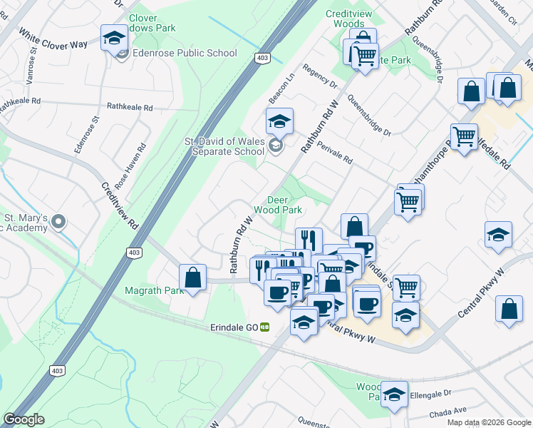 map of restaurants, bars, coffee shops, grocery stores, and more near 1111 Deer Run in Mississauga