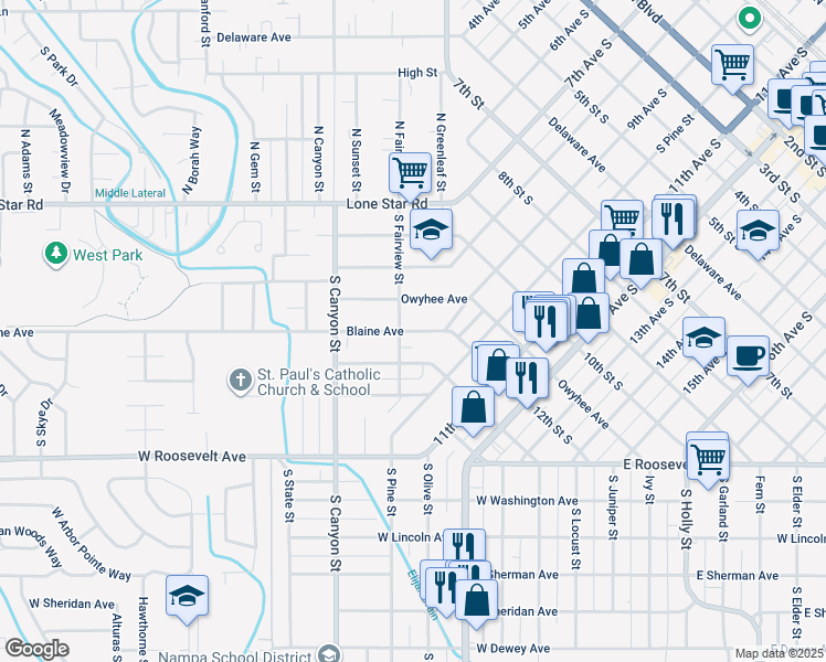 map of restaurants, bars, coffee shops, grocery stores, and more near 55 South Fairview Street in Nampa