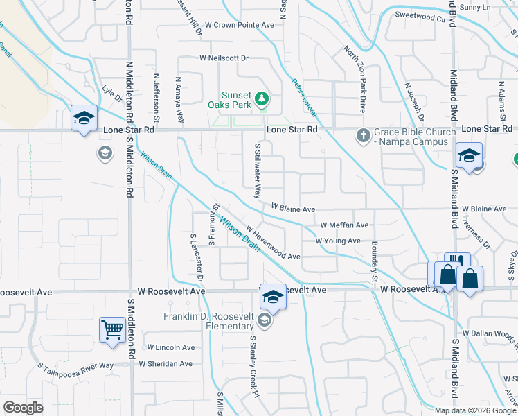 map of restaurants, bars, coffee shops, grocery stores, and more near 2014 West Havenwood Avenue in Nampa