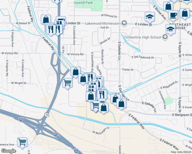 map of restaurants, bars, coffee shops, grocery stores, and more near 3353 Chickory Way in Boise