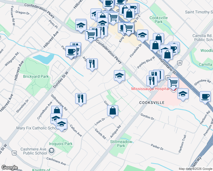 map of restaurants, bars, coffee shops, grocery stores, and more near 2461 President Boulevard in Mississauga