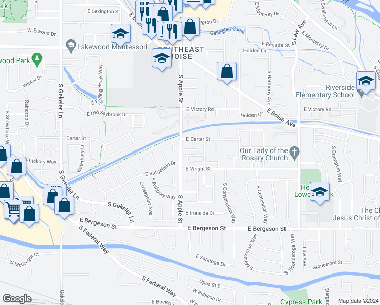 map of restaurants, bars, coffee shops, grocery stores, and more near 860 East Denise Street in Boise