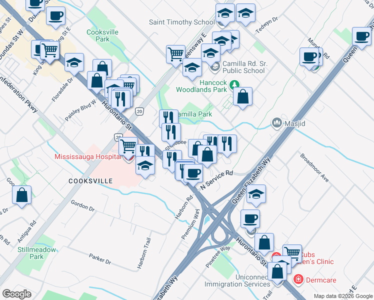 map of restaurants, bars, coffee shops, grocery stores, and more near 2170 Sherobee Road in Mississauga