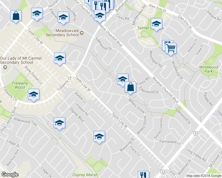 map of restaurants, bars, coffee shops, grocery stores, and more near 3079 Bartholomew Crescent in Mississauga
