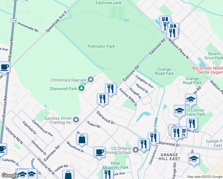 map of restaurants, bars, coffee shops, grocery stores, and more near 108 Summit Ridge Drive in Guelph