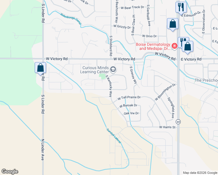 map of restaurants, bars, coffee shops, grocery stores, and more near 855 West Blue Downs Street in Meridian