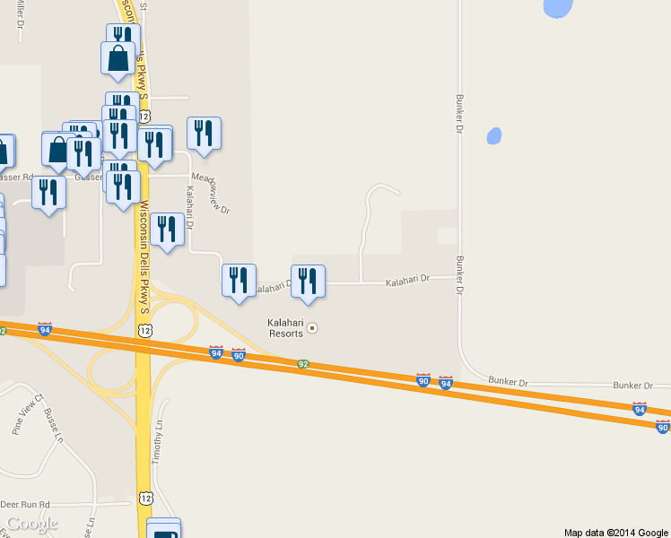 map of restaurants, bars, coffee shops, grocery stores, and more near 1307 Kalahari Drive in Baraboo