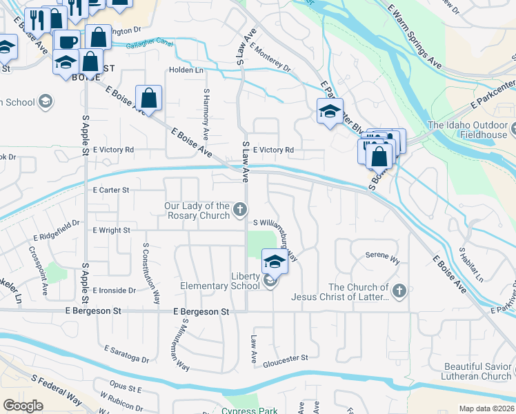 map of restaurants, bars, coffee shops, grocery stores, and more near 3316 South Williamsburg Way in Boise