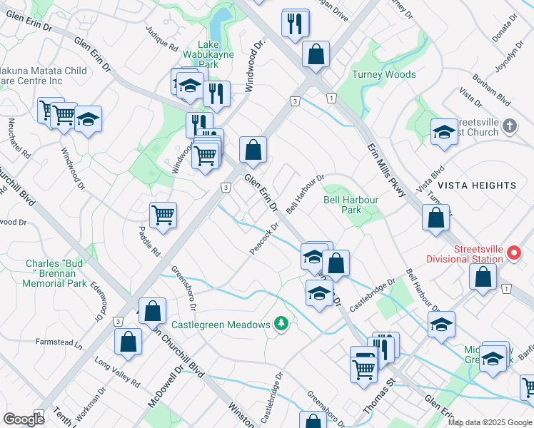map of restaurants, bars, coffee shops, grocery stores, and more near 5940 Glen Erin Drive in Mississauga