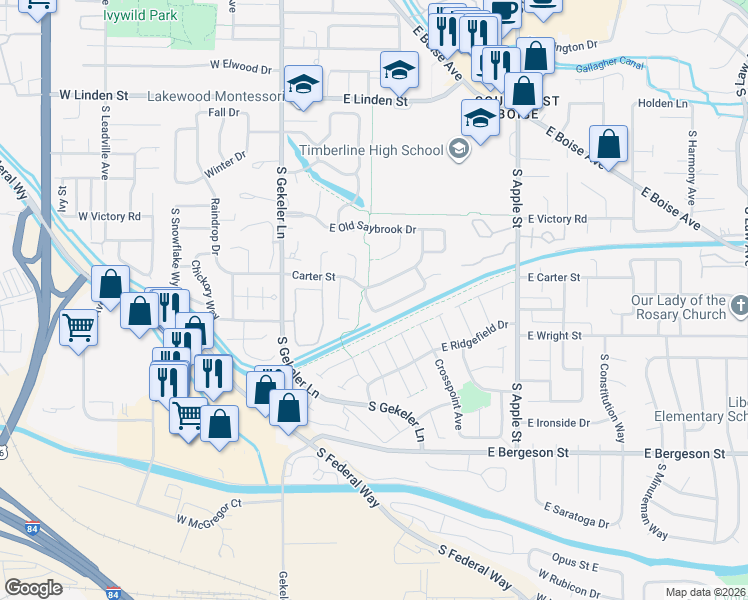 map of restaurants, bars, coffee shops, grocery stores, and more near 286 East Fairbrook Drive in Boise