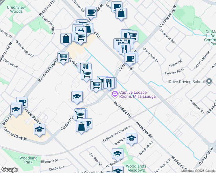 map of restaurants, bars, coffee shops, grocery stores, and more near 3455 Wolfedale Road in Mississauga