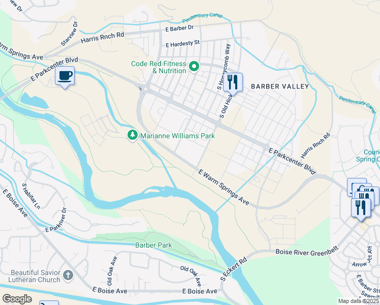map of restaurants, bars, coffee shops, grocery stores, and more near Boise River Greenbelt in Boise