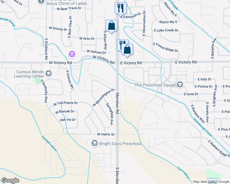 map of restaurants, bars, coffee shops, grocery stores, and more near 3620 South Orleans Place in Meridian