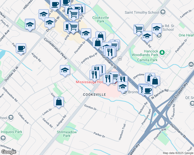 map of restaurants, bars, coffee shops, grocery stores, and more near in Mississauga