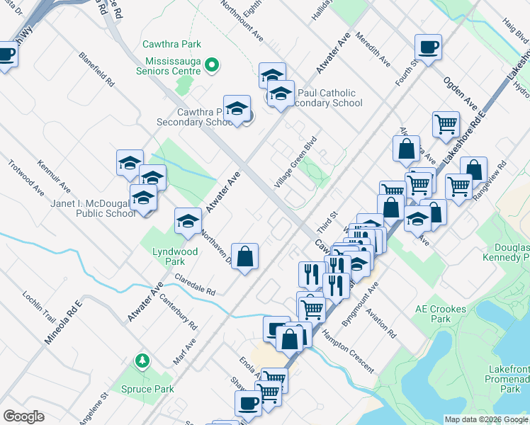 map of restaurants, bars, coffee shops, grocery stores, and more near 652 Cricklewood Drive in Mississauga