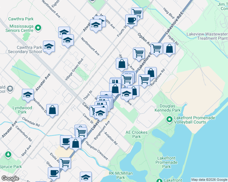 map of restaurants, bars, coffee shops, grocery stores, and more near 1016 East Avenue in Mississauga