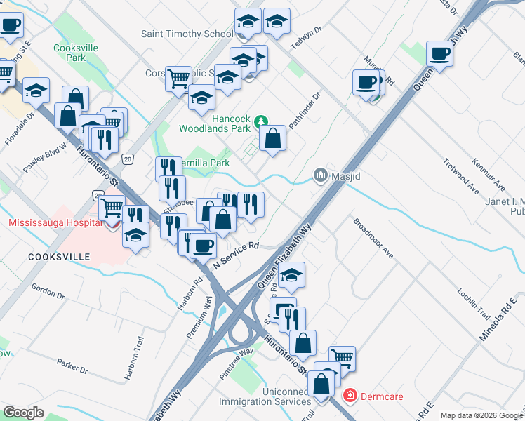 map of restaurants, bars, coffee shops, grocery stores, and more near 2070 Camilla Road in Mississauga