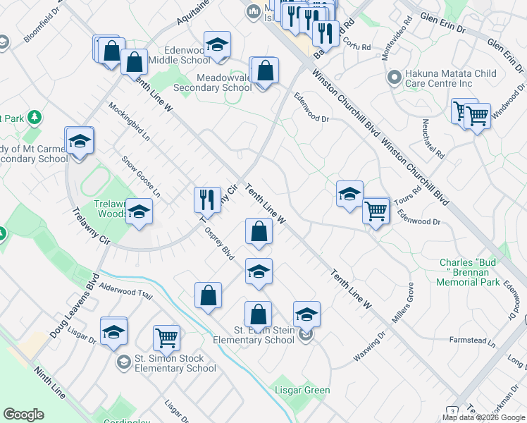 map of restaurants, bars, coffee shops, grocery stores, and more near 6482 Tenth Line West in Mississauga