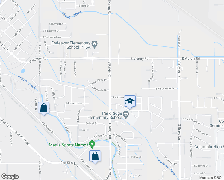 map of restaurants, bars, coffee shops, grocery stores, and more near 44 South Kings Road in Nampa