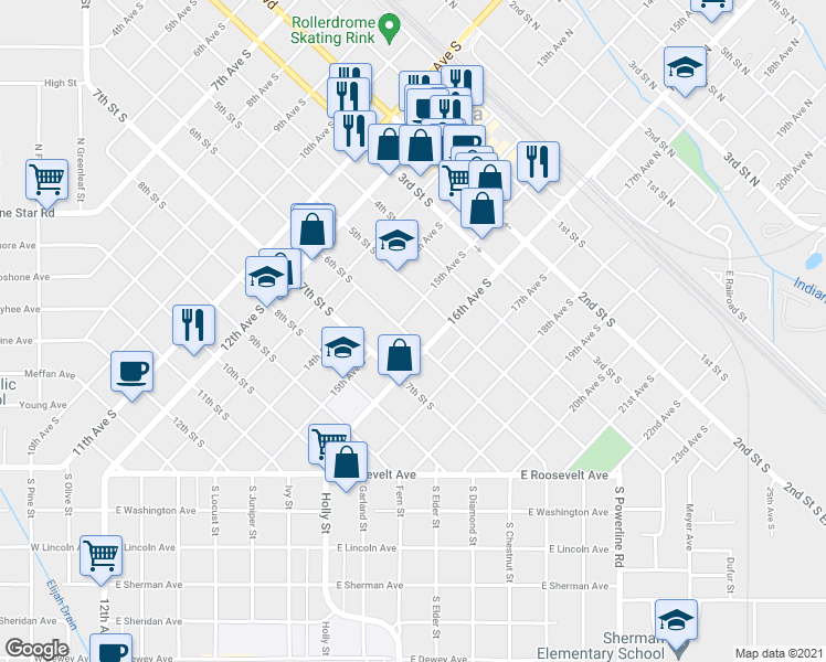 map of restaurants, bars, coffee shops, grocery stores, and more near 1512 6th Street South in Nampa