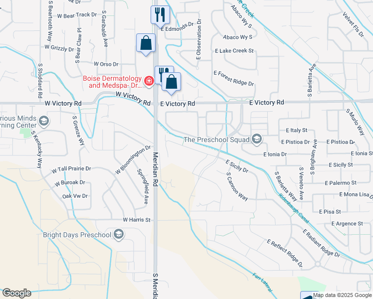 map of restaurants, bars, coffee shops, grocery stores, and more near 231 East Sicily Drive in Meridian