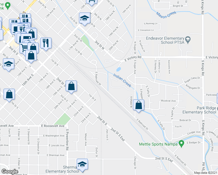map of restaurants, bars, coffee shops, grocery stores, and more near 2002 East Railroad Street in Nampa