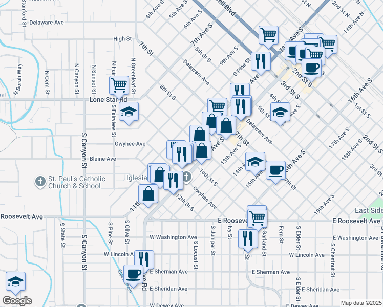 map of restaurants, bars, coffee shops, grocery stores, and more near 1011 12th Avenue South in Nampa