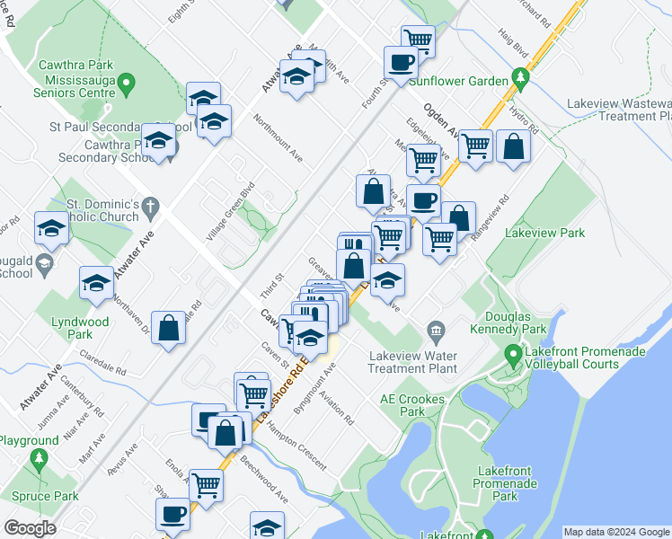 map of restaurants, bars, coffee shops, grocery stores, and more near 797 First Street in Mississauga