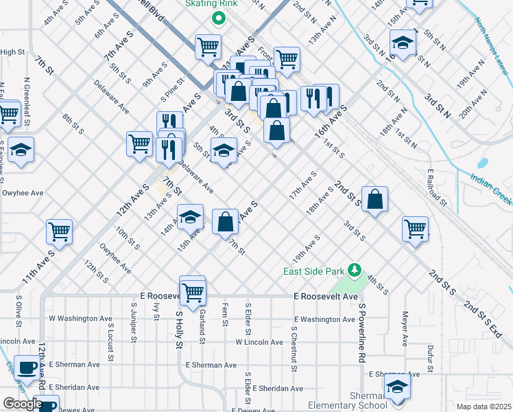 map of restaurants, bars, coffee shops, grocery stores, and more near 504 16th Avenue South in Nampa