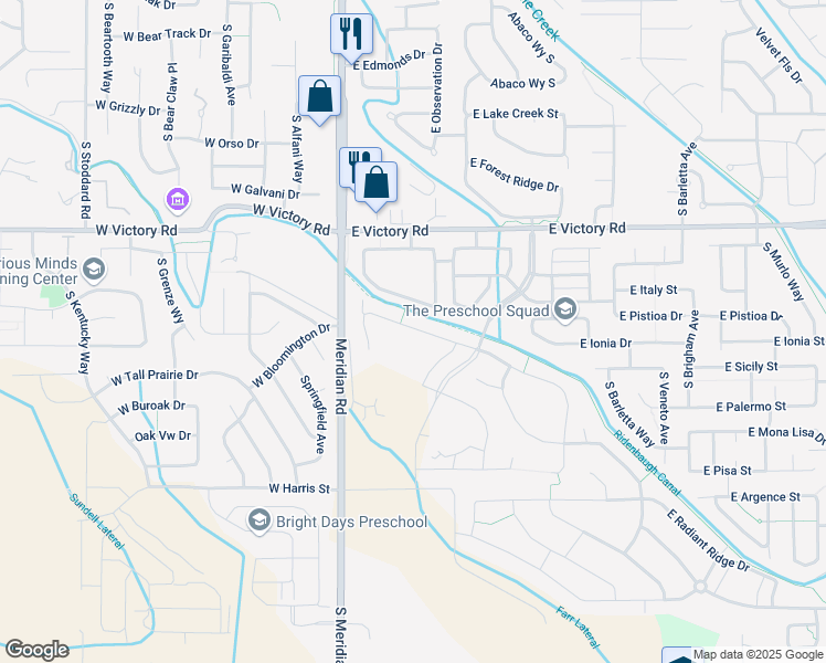 map of restaurants, bars, coffee shops, grocery stores, and more near 3643 South Natural Way in Meridian