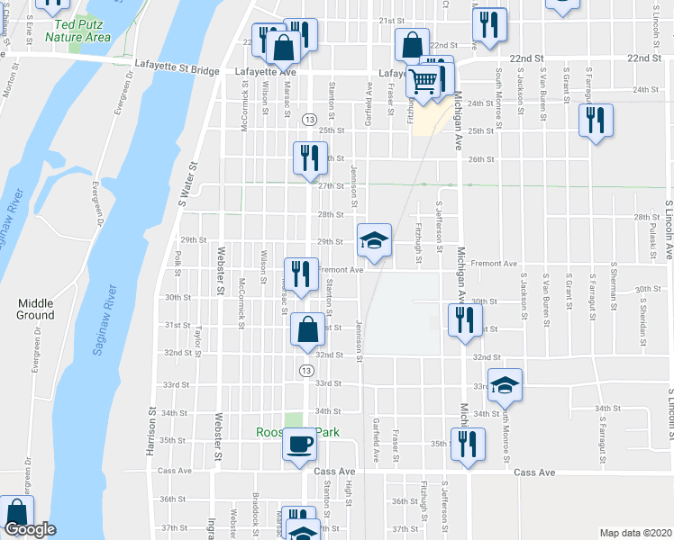map of restaurants, bars, coffee shops, grocery stores, and more near 906 Fremont Street in Bay City