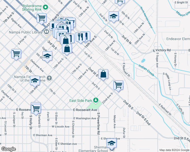 map of restaurants, bars, coffee shops, grocery stores, and more near 1903 2nd Street South in Nampa