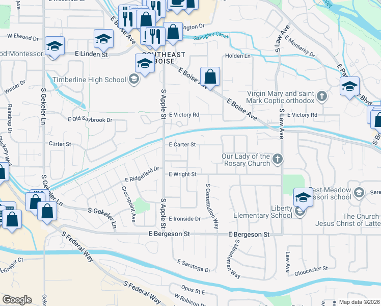 map of restaurants, bars, coffee shops, grocery stores, and more near 1032 East Carter Street in Boise
