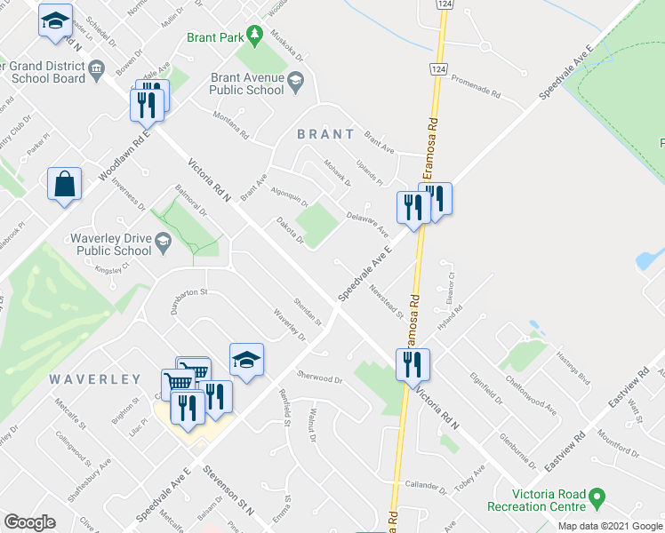 map of restaurants, bars, coffee shops, grocery stores, and more near 17 Carmine Place in Guelph