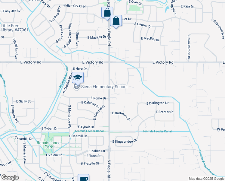 map of restaurants, bars, coffee shops, grocery stores, and more near 3523 South Falconers Place in Meridian