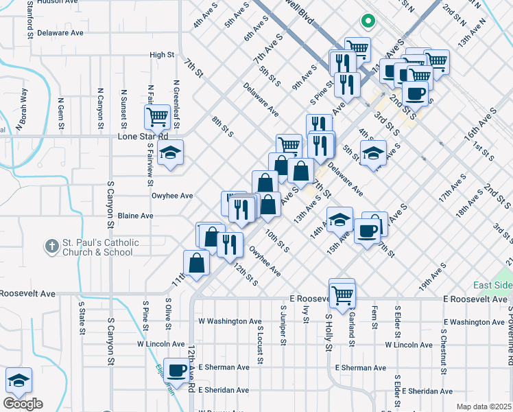 map of restaurants, bars, coffee shops, grocery stores, and more near 1013 9th Street South in Nampa