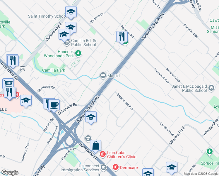 map of restaurants, bars, coffee shops, grocery stores, and more near 230 South Service Road in Mississauga