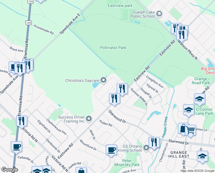 map of restaurants, bars, coffee shops, grocery stores, and more near 566 Starwood Drive in Guelph