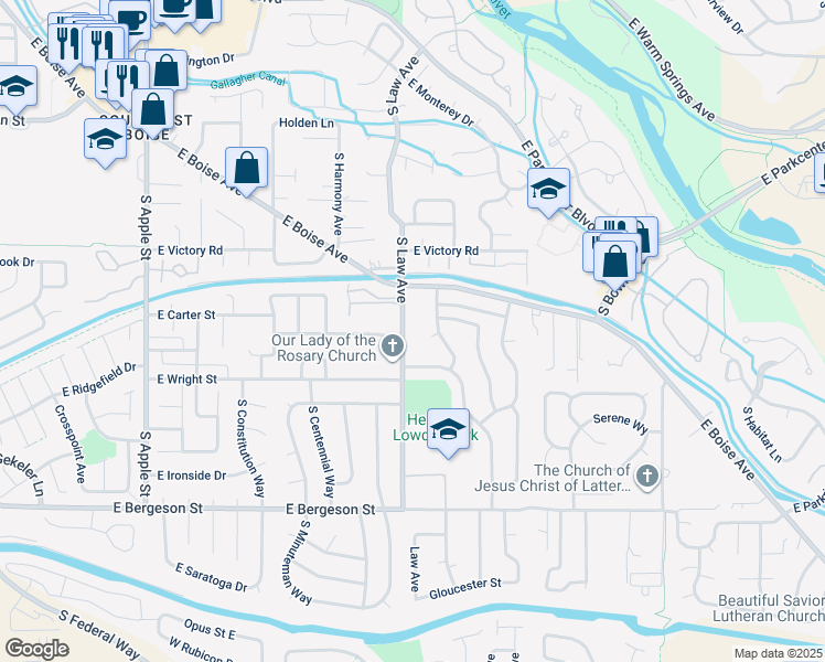 map of restaurants, bars, coffee shops, grocery stores, and more near 3254 Law Avenue in Boise