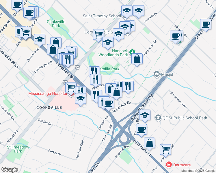 map of restaurants, bars, coffee shops, grocery stores, and more near 2200 Sherobee Road in Mississauga