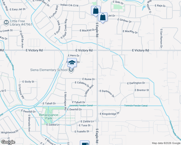 map of restaurants, bars, coffee shops, grocery stores, and more near 3472 South Milan Avenue in Meridian