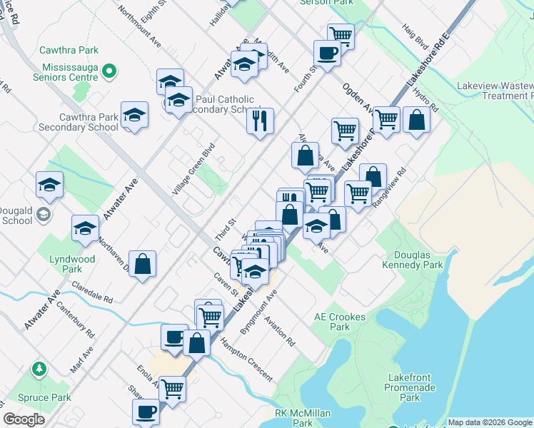 map of restaurants, bars, coffee shops, grocery stores, and more near 1049 Greaves Avenue in Mississauga