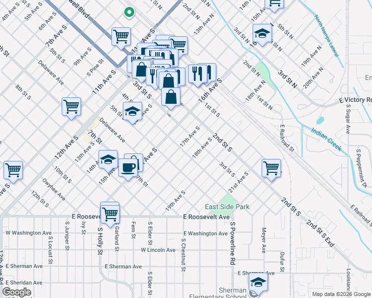 map of restaurants, bars, coffee shops, grocery stores, and more near 315 17th Avenue South in Nampa