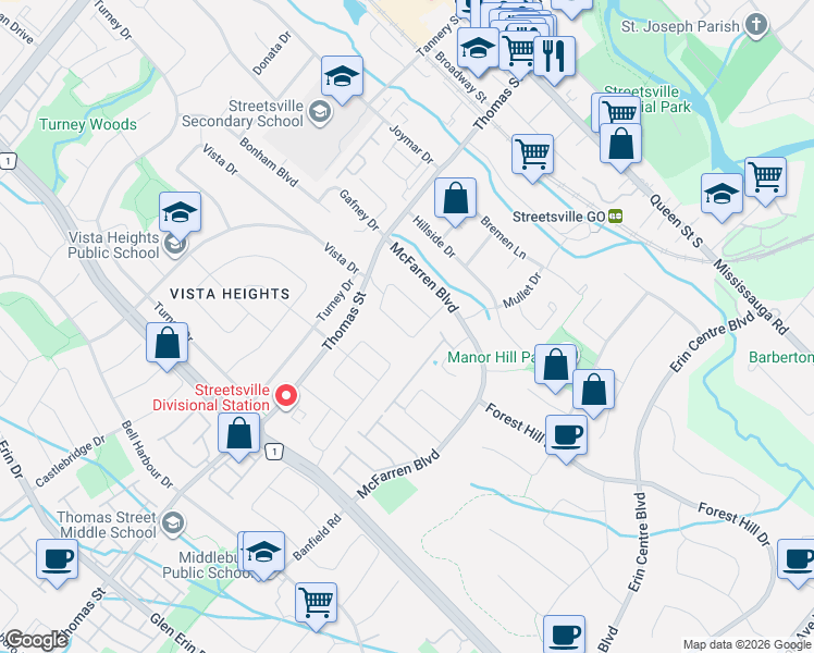 map of restaurants, bars, coffee shops, grocery stores, and more near 2299 Yorktown Circle in Mississauga