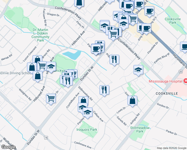map of restaurants, bars, coffee shops, grocery stores, and more near 2602 Mason Heights in Mississauga