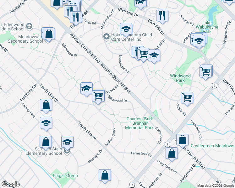 map of restaurants, bars, coffee shops, grocery stores, and more near 3035 Saracen Court in Mississauga