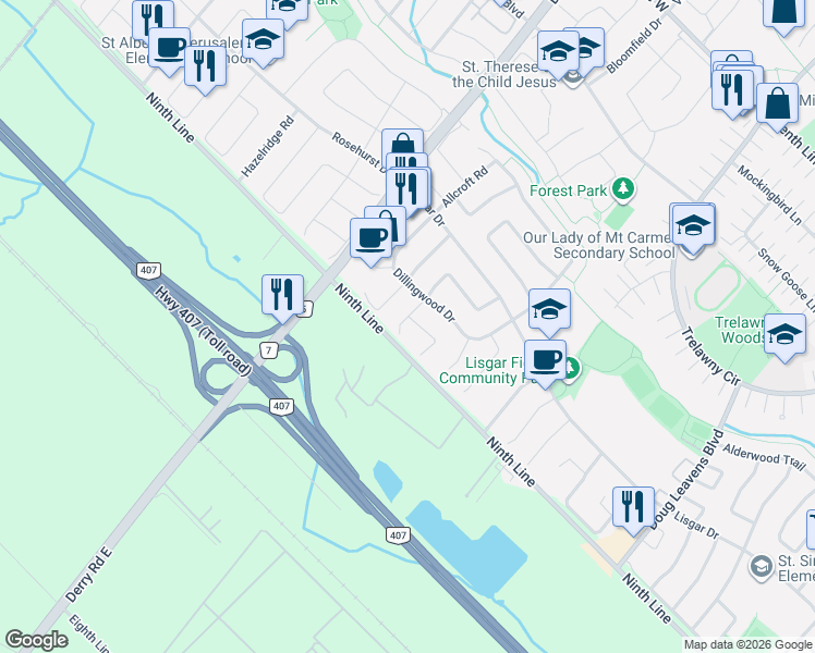 map of restaurants, bars, coffee shops, grocery stores, and more near 3974 Discovery Court in Mississauga