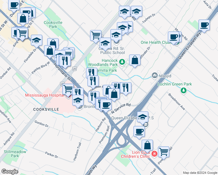 map of restaurants, bars, coffee shops, grocery stores, and more near 2145 Sherobee Road in Mississauga